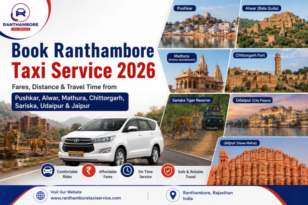 Book Ranthambore Taxi Service 2026 with fare, distance and travel time from Pushkar, Alwar, Mathura, Chittorgarh, Sariska, Udaipur and Jaipur featuring tourist attractions and taxi service.